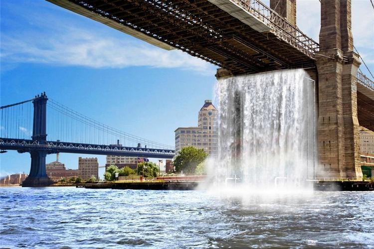 Model af kunstværket The New York City Waterfalls af Olafur Eliasson. 