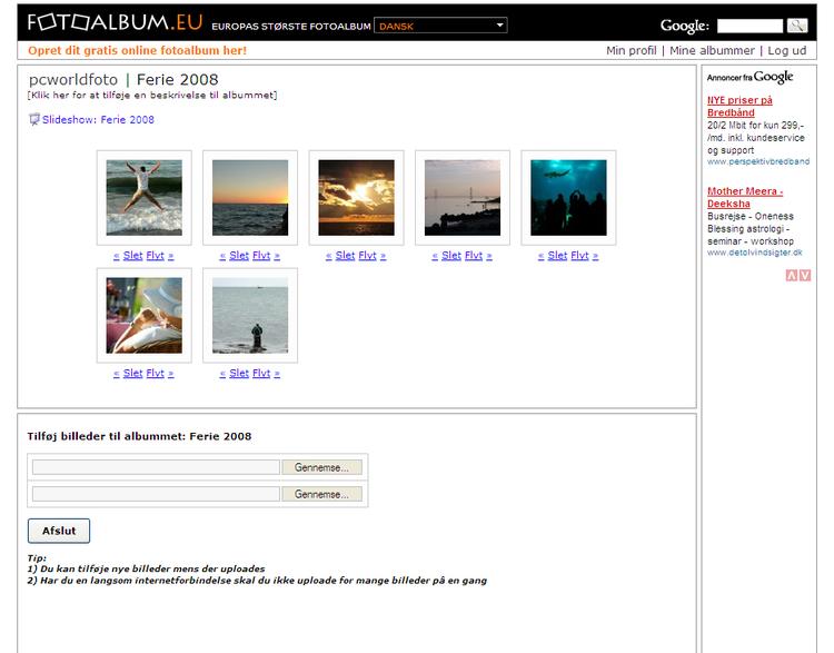 Designet af Fotoalbum.eu er jævnt kedeligt, og webtjenesten har ikke mange avancerede funktioner.Det bedste ved Fotoalbum.eu er, at du kan få vist dine billeder via Netvibes eller som her iGoogle. På den måde kan venner og familie se, når du uploader nye fotos, hvis de bruger en af de to websider. 