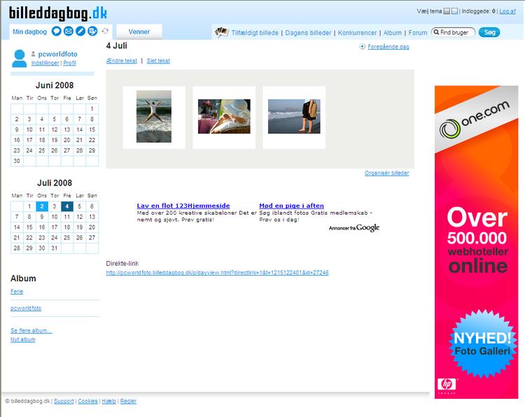 Layoutet er simpelt, og i venstre side har du en kalender, så du kan se, hvilke dage du har uploadet fotos. Ligesom de andre fotoalbum kan du med Billeddagbog.dk sortere dine billeder og arrangere dem i mapper. 