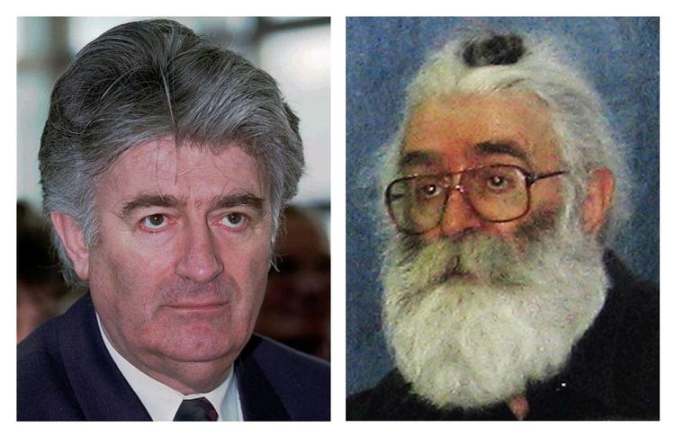 Radovan Karadzic ses her til venstre, som han så ud i sine stormagtsdage, og på billedet til højre, som han ser ud i dag efter 11 år på flugt. Arkivfoto. 