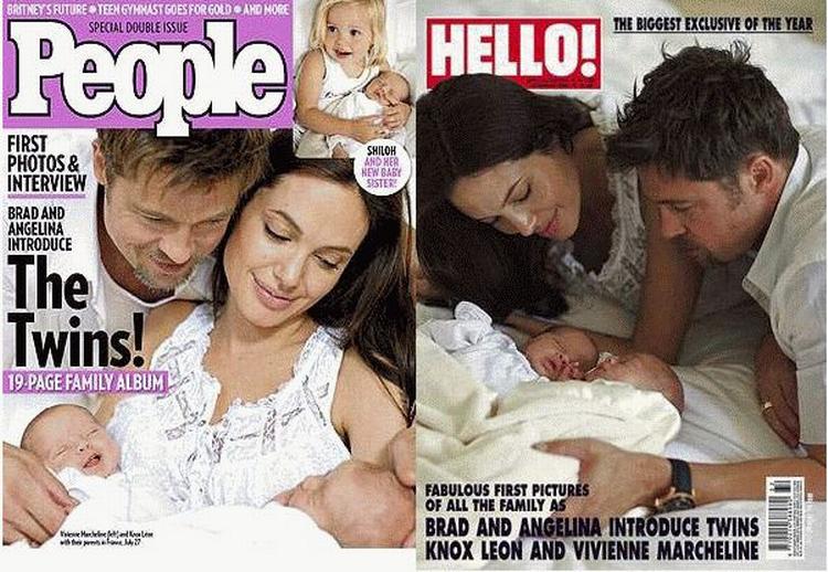 Forsiden af de to blade, der har købt rettighederne til billederne af Angelina Jolie og Brad Pitt med de nyfødte tvillinger. 