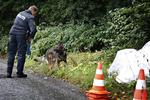 Politi med hunde ved Valby Bakke undersøger Søndermarken i forbindelse med storrøveriet i Brøndby. 