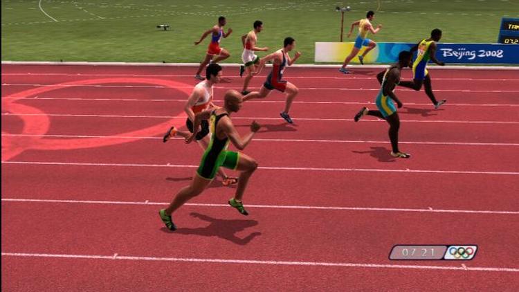 De fleste olympiske discipliner i OL-spillet 'Beijing 2008' - som her 100m løb - går ud på enten at trykke hurtigt på to knapper, eller panisk vrikke det upræcist analogt joystick frem og tilbage som en gal. Og glem førstepladsen: der er altid en computer eller online-spiller, der er bedre end dig. 