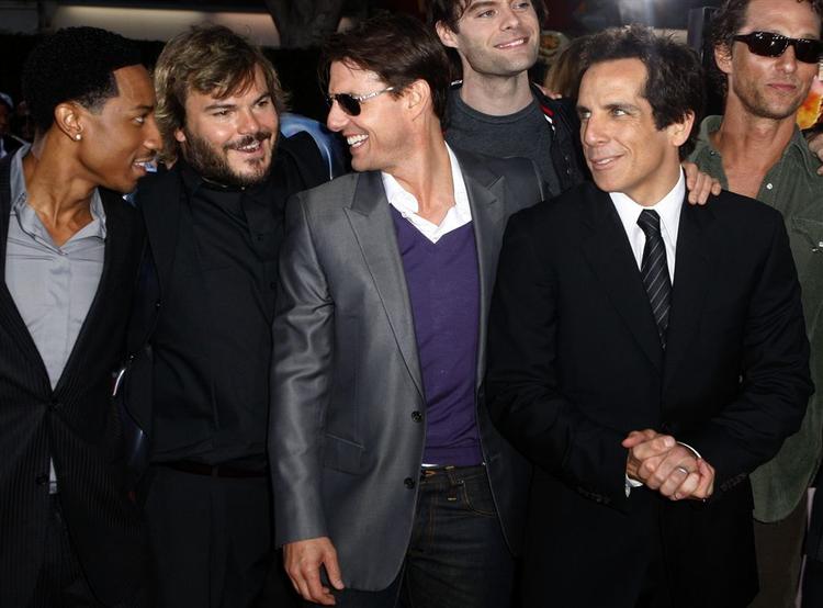 Fra venstre Brandon T. Jackson, Jack Black, Tom Cruise, Bill Hader, Ben Stiller og Matthew McConaughey ved premieren på 'Topic Thunder' i Los Angeles 11. august. 