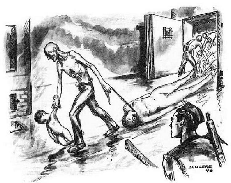 SORT PÅ HVIDT. 'Efter gasningen' af David Olère, 1946. Tegningen hænger på Museet for Ghettoernes Kæmpende, Galilæa, Israel.  Illustration: Fra bogen 