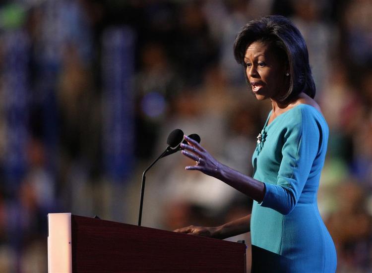 Michelle Obama på talerstolen i Denver. Hun slog stærkt på de familiære værdier i landet. 