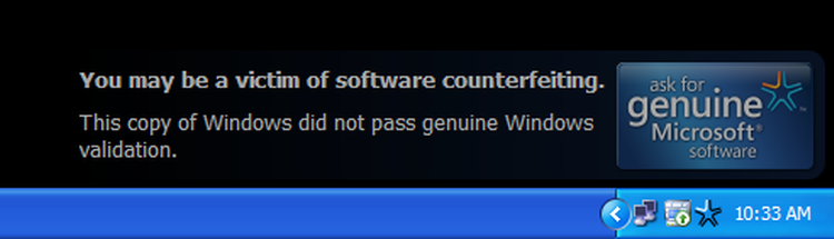 Har du en ulovlig kopi af Windows XP Pro vil du jævnligt få beskeder frem på skærmen om, at du bruger ulovlig software med en opfordring til at brige sagen i orden. Og beskeden er ikke til at klikke væk men vil blive stående på skærmen, indtil Windowsversionen bliver lovlig. 