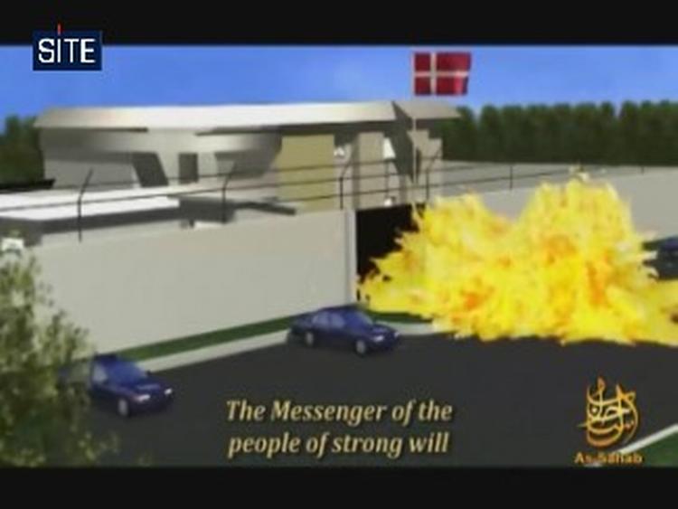 A-Qaeda's computerised rendering of this June's attack on the Danish embassy in Islamabad: Organisation warns of further attacks. 