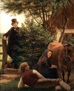 PÅ UDKIG. 'Digteren Christian Winther paa Spadseretur' hedder Julius Exners sofistikerede billede fra 1869. Winther betragter det unge par, der indgår i et af hans episke digte, der gennemspiller kærlighedsmotiver blandt almuen. Illustration fra bogen 