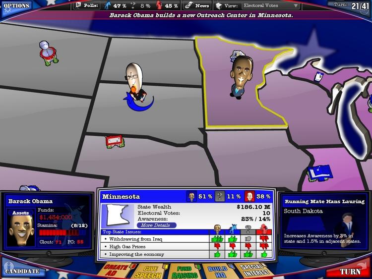Smædekampagner, kister fulde af penge og masser af spindoktorer kæmper om valgmænd i spillet 'The Political Machine's satiriske simulation af den amerikanske valgkamp. Her vandt Obama-Lauring -kampagnen en jordskredssejr på trods af en urealistisk og selvmodsigende valgplatform. 