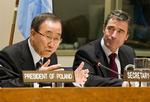 UN Secretary-General Ban Ki-moon, flanked by the Danish Prime Minister Anders Fogh Rasmussen. 