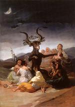 HEKSE- SABBAT. Eller 'Aquelarre' af Francisco de Goya pryder forsiden af 'Eksemplariske noveller'.  Illustration: Fra bogen 