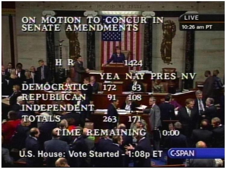 Den længe ventede hjælpepakke til den amerikanske økonomi blev stemt hjem med 263 stemmer mod 171 i Representanternes Hus. 