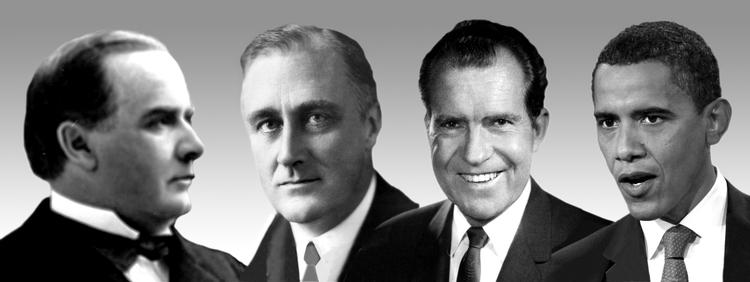 William McKinley (nr. 1 fra venstre) indledte den første republikanske æra i 1896. Franklin D. Roosevelt (nr. 2 fra venstre) indledte en ny demokratisk epoke i 1932, mens Richard Nixon tog hul på den seneste republikanske epoke i 1968. Foto: AP 