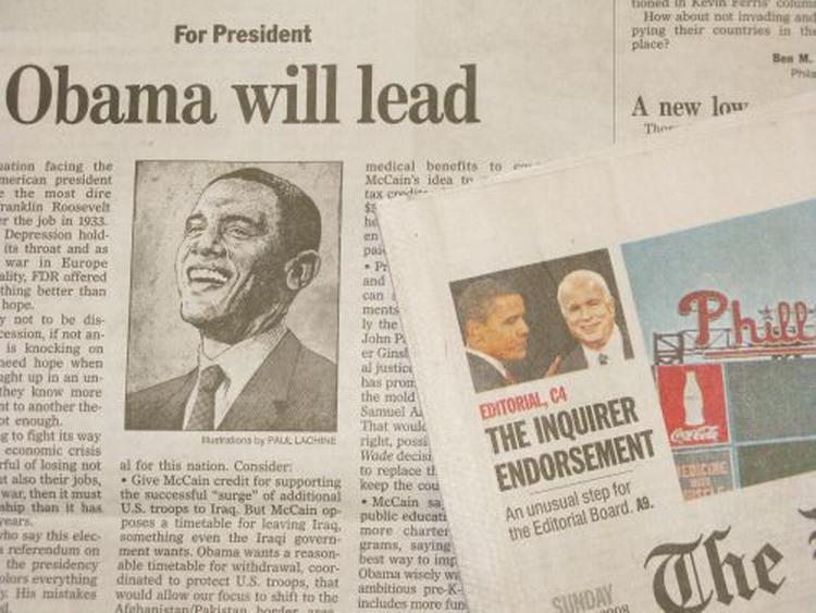 'Lederkollegiet træffer et usædvanligt valg', står der i forsidehenvisningen på The Philadelphia Inquirer om avisens valg af foretrukken præsidentkandidat. 