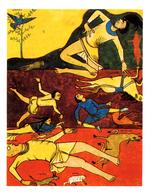 Døde kroppe, sorte fugle og galdegule helvedesomgivelser - sådan forestillede den indflydelsesrige munk Beatus sig undergangen i sin apokalypsekommentar fra 1000-tallet.  Illustration fra bogen: Bibliothèque Nationale, Paris 