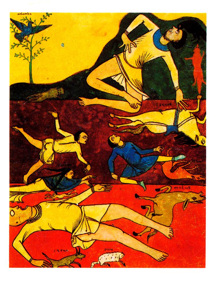 Døde kroppe, sorte fugle og galdegule helvedesomgivelser - sådan forestillede den indflydelsesrige munk Beatus sig undergangen i sin apokalypsekommentar fra 1000-tallet.  Illustration fra bogen: Bibliothèque Nationale, Paris 