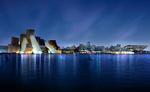 Skylinen med museumsøen i forgrunden, som det vil se ud, når det er færdigt i 2012 med Frank Gehrys Guggenheim, Jean Nouvels kuplede Louvre og Hadids koncerthus. Foto: AUH 