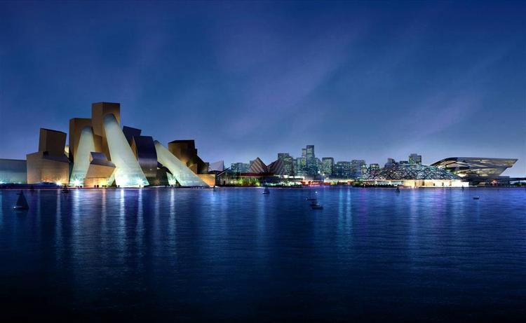 Skylinen med museumsøen i forgrunden, som det vil se ud, når det er færdigt i 2012 med Frank Gehrys Guggenheim, Jean Nouvels kuplede Louvre og Hadids koncerthus. Foto: AUH 