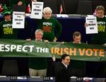 EU og Irland har endnu ikke fundet en brugbar model, der kan håndtere det irske nej. Her viser en gruppe skeptikere i  Europaparlamentet deres sympati for det irske nej. 