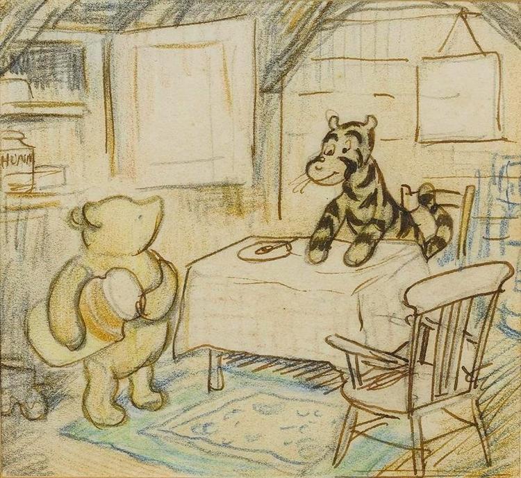 Auktionshuset Bonham solgte også sidste år en stribe E.H. Shephard-tegninger på auktion. Her en tegning fra samme serie som den aktuelle på Bonhams. 
