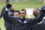 Mathias 'Zanka' Jørgensen jubler under FC Københavns sidste træning, inden holdet rejste til Spanien i går. 