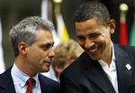 Rahm Emanuel og Barack Obama stikker hovederne sammen under valgkampen. 
