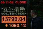 Lokal bank i Hong Kong viser Hang Seng Indexet. Foto fra 6. november. 