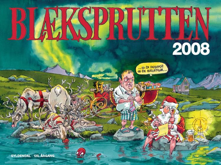 Forsiden på Blæksprutten viser Lars Løkke Rasmussen, der fortæller julemanden om sine ønsker. »...og en fadbamse, og en naturfilm...« 