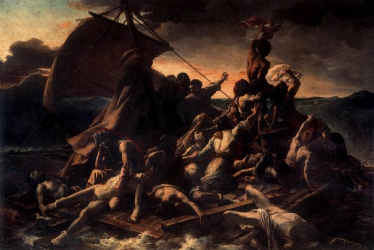 HAVSNØD. I Louvre får hovedpersonen et chok ved synet af den franske maler Géricaults gigantiske maleri 'Le Radeau de la Méduse'. For nøjagtigt sådan var det at være ombord på flydedokken. (Maleriet er gengivet fra indersiden af romanens omslag). 