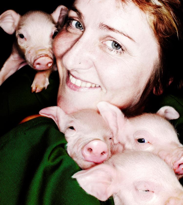 Anne B. Ragde har afsluttet sin serie om brødrene på Neshov. Her er den norske forfatter sammen med et kuld smågrise, sådan som hun var afbildet i første bind, 'Berlinerpoplerne'. Foto: Cathrine Dillner Hagen 