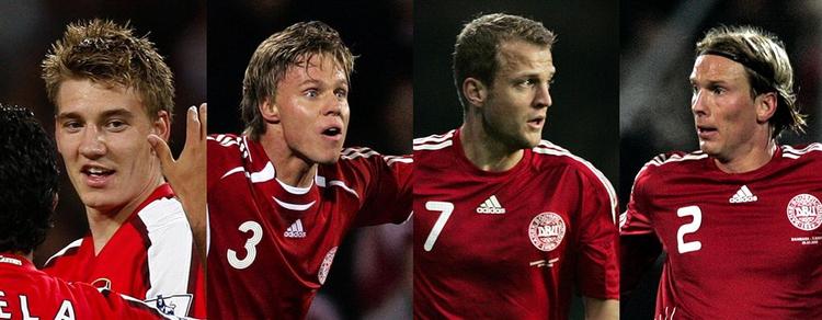 Fire spillere skal kæmpe om hæderen som årets fodboldspiller. Fra venstre er det Nicklas Bendtner, Martin Laursen, Daniel Jensen og Christian Poulsen. Foto: Jens Dresling, Thomas Borberg, Jonathan Bjerg Møller og AP 