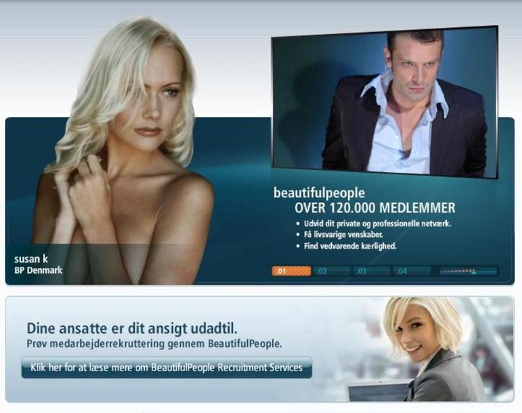 Screendump fra hjemmeside BeautifulPeople.dk, hvor virksomheder kan rekruttere blandt kønne mennesker. 
