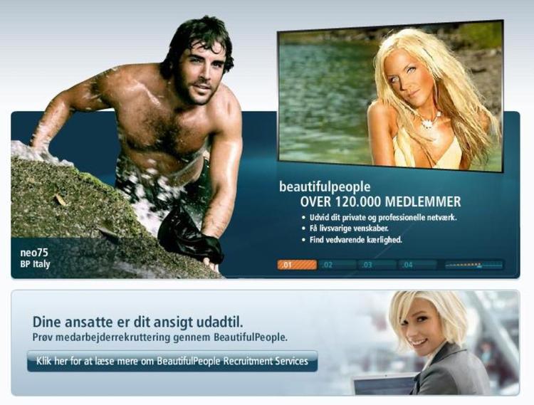 Screendump fra hjemmesiden BeautifulPeople.dk, der har en jobportal, hvor firmaer kan rekruttere kønne mennesker 