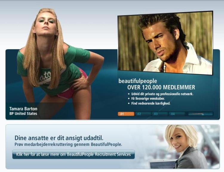 Screendump fra hjemmesiden beautifulpeople.dk, der har en jobportal, hvor firmaer kan rekruttere kønne mennesker. 