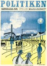 To Axel Nygaard-forsider -  Øverst en stramt komponeret storbytegning i sort og to farver (1926), nederst en blødere landskabsillustration i fire farver (1935). Illustrationer fra bogen 