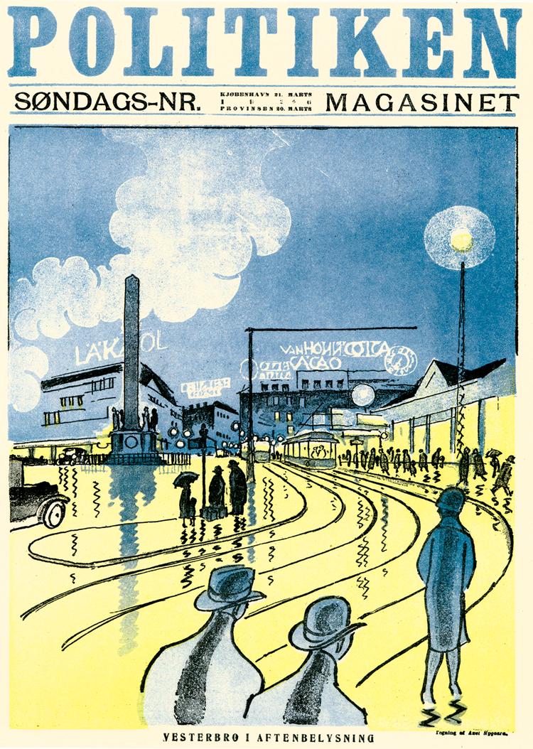 To Axel Nygaard-forsider -  Øverst en stramt komponeret storbytegning i sort og to farver (1926), nederst en blødere landskabsillustration i fire farver (1935). Illustrationer fra bogen 