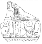 Omkring 4.500 år efter, at den gamle skål fra oldtidens Mesopotamien gik i stykker i nutidens Kuwait, har danske arkæologer samlet det meste af den igen. Den ukendte gud med skæg og en krans over hovedet ses nederst tv. og nederst th. 