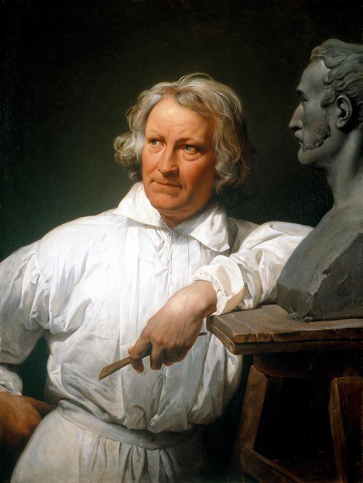 Franskmanden Horace Vernet malede i 1833 dette portræt af Thorvaldsen i færd med at modellere en buste af maleren. Olie på lærred, 99,8 x 75,2 cm. Tilhører Thorvaldsens Museum. Foto: Ole Woldbye 