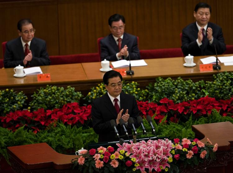 Kinas præsident Hu Jintao under talen i Folkets Store Hal i Beijing. 