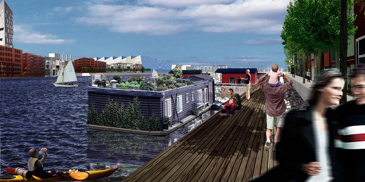 Tegnestuen Cobe forestiller sig en kanalby af holme, hvor man enten kan tage kajakken eller cyklen til arbejde. Byggegrundene er små og giver en tæt og varieret by. Illustration fra tegnestuen 