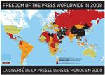 Forsiden fra 'Reporters Without Borders' rapport om den internationale pressefrihed 2008. De sorte lande er de lande, hvor pressefriheden er det sværest. I de røde står det næstslemmest til. 