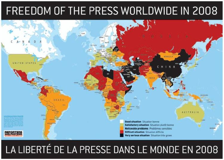 Forsiden fra 'Reporters Without Borders' rapport om den internationale pressefrihed 2008. De sorte lande er de lande, hvor pressefriheden er det sværest. I de røde står det næstslemmest til. 