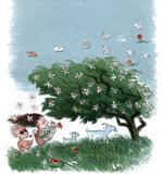 MILDE VINDE. »Og alt det vifteri puster den lune vind herop til os, og den har blomsterduft og badevand og sommerfugle og syngefugle og himmerigsmundfulde og himmelblåt med sig«. Fra 'Blæsten'.  Illustration: Ib Spang Olsen 