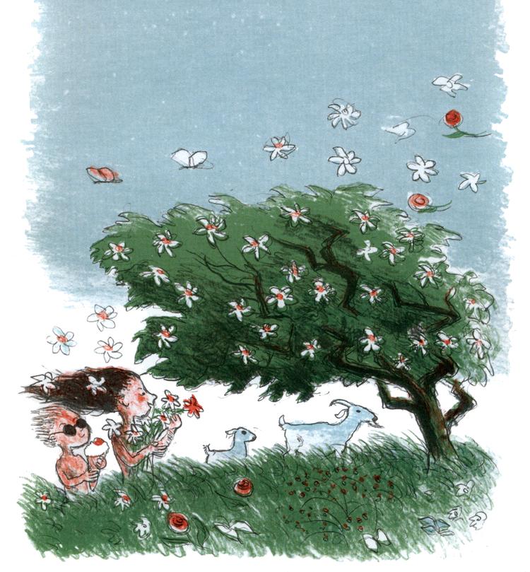 MILDE VINDE. »Og alt det vifteri puster den lune vind herop til os, og den har blomsterduft og badevand og sommerfugle og syngefugle og himmerigsmundfulde og himmelblåt med sig«. Fra 'Blæsten'.  Illustration: Ib Spang Olsen 
