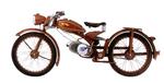 Enarmet. Tyske Riedels minimalkonstruktion fra 1949 med dråbeformet motor og tank, kun en arm for og en bag til at bære hjulene og udstødningsrøret indbygget i bagarmen, er måske udstillingens smukkeste maskine. Foto: Kunstindustrimuseet 