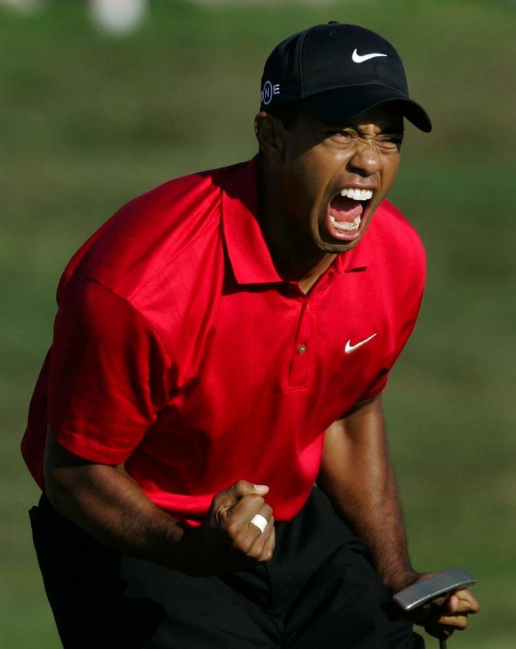 Tiger Woods jubler efter endnu et perfekt slag. Han er en af dem, der kan slå med sin driver, så det synger. 