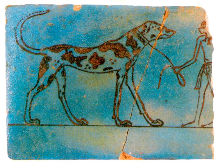 Enten holdt egypterne meget store hunde, eller også var de selv meget små. I hvert fald er denne hund afbildet for 3.500 år siden på en flise fra det 18. dynasti. Foto fra bogen 