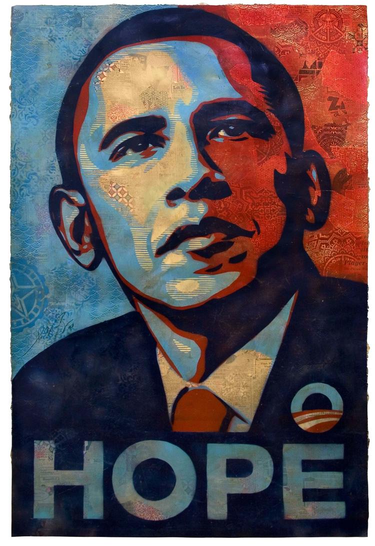 Streetartisten Shepard Faireys plakatportræt er blevet synonym med den amerikanske præsident Barack Obama og hænger både i bybilledet og på gallerierne. Se plakaten i større udgave nederst. 