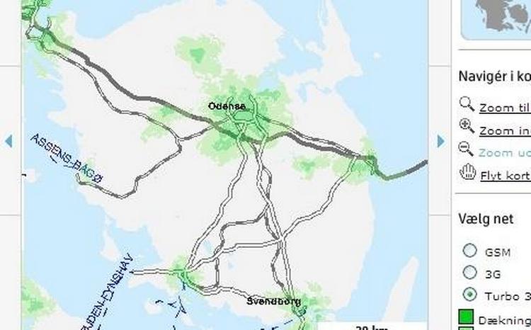 Sonofon dækker ifølge deres eget dækningskort ikke særlig bredt, som kortet her over Fyn viser. Kun i de mørkegrønne områder er dækning indendøre. Til gengæld kan du prøve Sonofons mobile bredbånd af og fortryde, hvis du er utilfreds. 